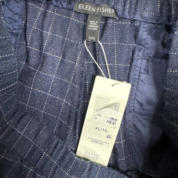 Eileen Fisher Pants XL Midnight Blue Wide Leg Ankle Cropped Tussah Silk Plaid - Picture 9 of 13